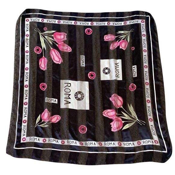 Vintage Roma Rome Souvenir Square Scarf 39” Black Pink Tulips - Picture 1 of 6